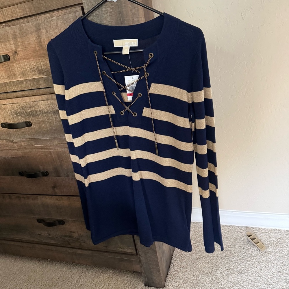 NWT Michael Kors Sweater Top Chain Lace-up Metallic Gold Navy Striped Sz XS